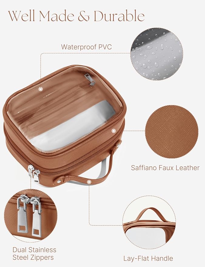 Clear Cosmetic Bag Double Layer Travel Toiletry Bag Clear Makeup Bag Case with 4 Compartments, Transparent Travel Bag for Toiletries, Large Toiletry Bag for Women Cosmetic Case (Brown, Small) - Image 6