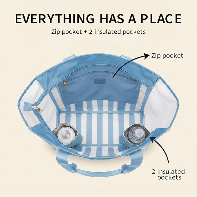 MOMINSIDE Beach Bags for Women Mesh Beach Bag - Large Grocery & Beach Tote Bag with Zipper, 2 Insulated Pocket, Hat & Towel Clips, Foldable Swim Bag Pool bag for Toys, Towels & Vacation Essentials - Image 6