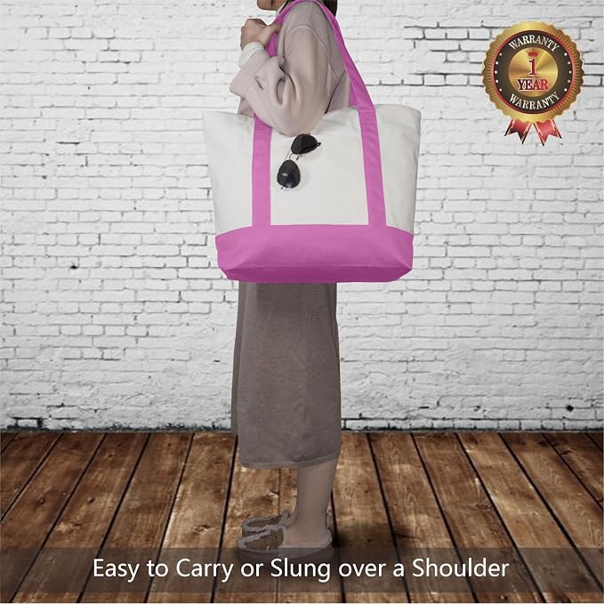 TOPDesign 6-Pack Canvas Tote Bags with an External Pocket, Reusable Grocery Shopping Bags, Top Zipper Closure, Daily Essentials (Light Purple/Natural) - Image 2