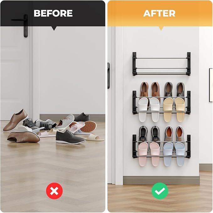 3 Pack Wall Mounted Shoe Rack, No Drill Adhesive & Screw 2-in-1 Holds 12 Pairs, Space-Saving Vertical Storage for Entryway, Bathroom & Kitchen, Renter Friendly Fits Tile Marble Glass Wood Wall (Black) - Image 3