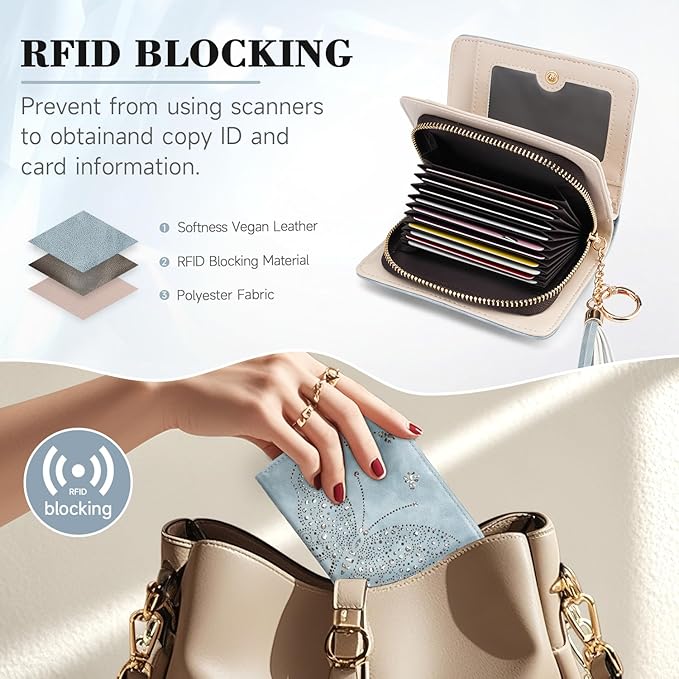 KITEVIUN Women RFID Blocking Small Bifold Wallet, Compact Cash Clutch with Zipper Coin Pocket, Glittery Butterfly Design, Credit Card Holder, Travel Purse with Tassel BLUE - Image 6