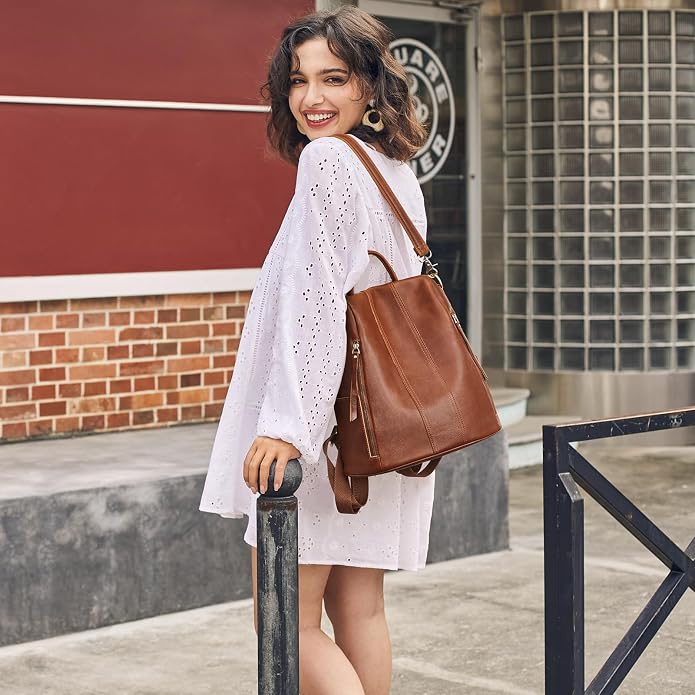 S-ZONE Leather Backpack Purses for Women Antitheft Rucksack Shoulder Bag Medium | Genuine Leather, Medium Fits 9.7-inch Tablet, for Work Travel Daily Commute, Multi Pockets, Adjustable Dual Straps - Image 3
