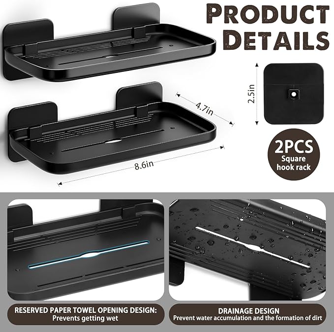 FAYYGYH 2 Pack Adhesive Floating Shelves, No Drill Small Floating Shelf | Wall Storage Damage-Free Wall Mounted Organizer for Bathroom, Kitchen, Bedroom & Office (Black) - Image 2
