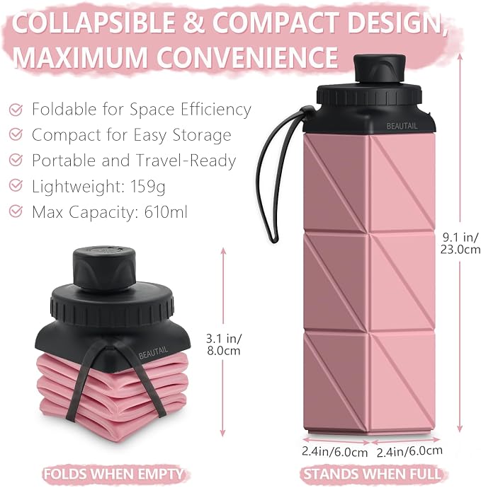 BEAUTAIL Collapsible Water Bottles 21 oz, Silicone Portable Water Bottle | BPA Free, Leakproof & Reusable, Foldable Water Bottle for Travel, Hiking, Camping, Cycling, School, Gym, 1-Pack, Pink - Image 2