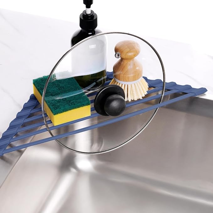 Tomorotec Roll Up Dish Drying Rack with Silicone Coating, Dark Blue | 304 Stainless Steel with BPA-Free Silicone, Triangle Design Maximizes Sink Corner Space, Fits Compact Kitchens And RVs - Image 4