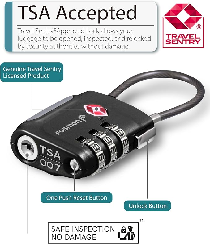 Fosmon TSA Approved Cable Luggage Locks, 3 Digit Combination, 2 Pack | Push Release Button, Long Shackle Cable Lock, Flexible Wire Padlock, Suitcase Backpack Travel, Gun Case Lock - Image 2