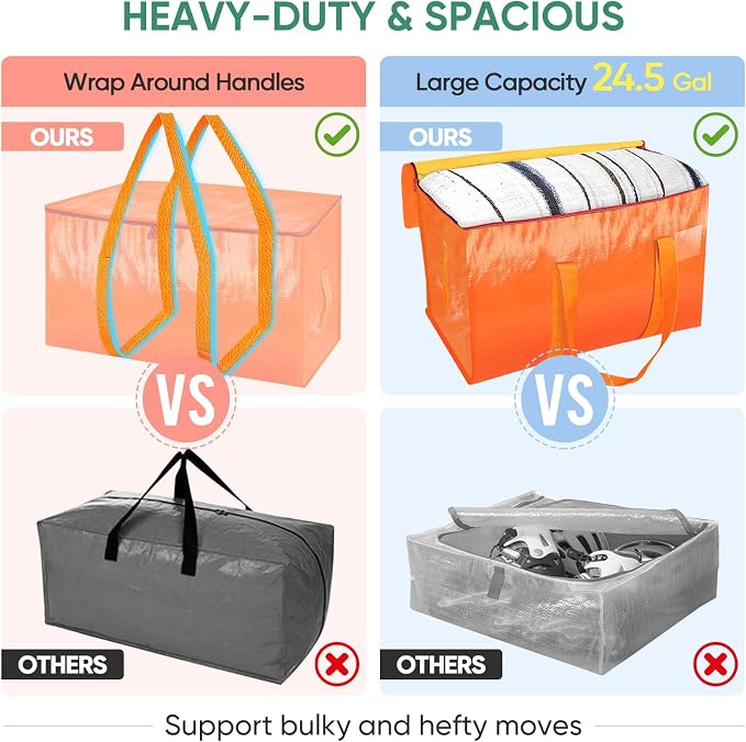 BALEINE 2-Pack Oversized Moving Bags with Reinforced Handles, Heavy-Duty Storage Tote for Clothes, Moving Supplies (Orange, 2-Pack) - Image 4