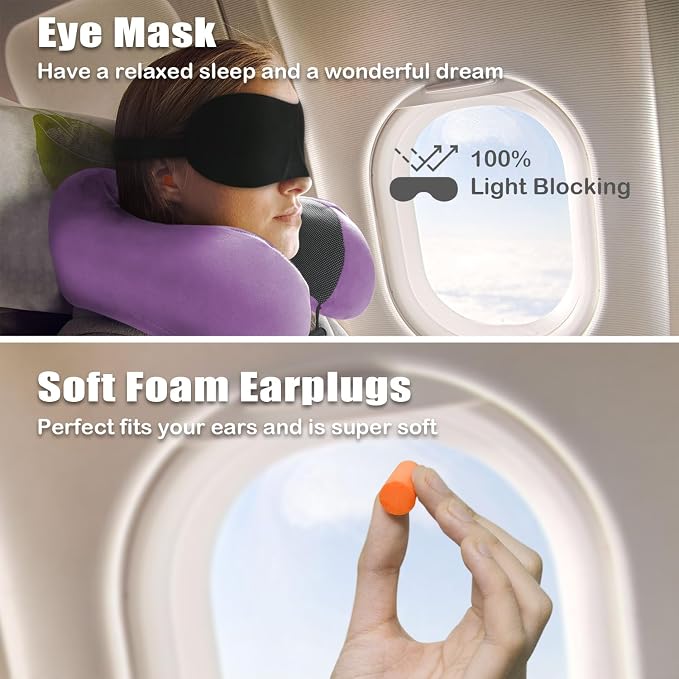 Travel Pillow, Memory Foam Neck Pillow for Traveling, U Shape Neck Pillow Airplane Portable Flight Pillow Travel Kit with 5D Contoured Eye Masks and Earplug for Plane Train Car Home Office - Image 2