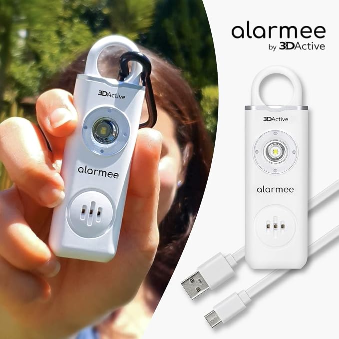 3DActive Alarmee Personal Safety Alarm for Women Kids Teens & Seniors 130dB Loud Emergency Alarm Rechargeable Self Defense Device with LED Light Portable Keychain for Travel & Night Safety - White - Image 4