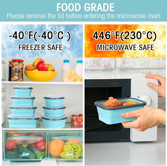 Yaomiao 16 Pack Collapsible Food Storage Container with Lid,Gray, Blue | Silicone Bowls with Air Vent, Foldable Rectangle Round Bowl ,For Rv Camping Meal Prep Organizing, Microwave Freezer Safe - Image 4