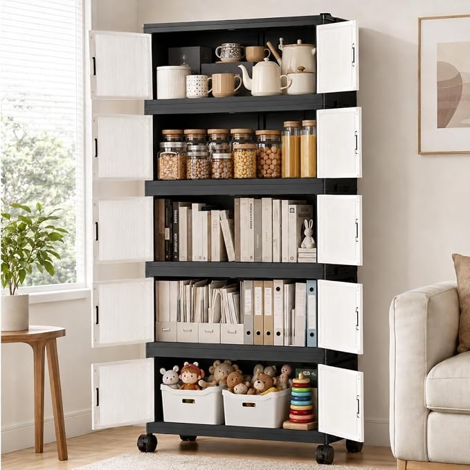 4 Tier Foldable Storage Cabinet with Wheels and Magnetic Doors, Premium PP Material Large Storage Organizer, Space-Saving Utility Storage for Home, Apartments, Dorm, Office, Rv - Image 8