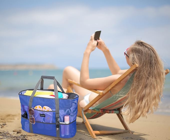 KABAQOO Mesh Beach Bag, Extra Large Beach Bags with 9 Pockets & Zipper Waterproof Lightweight Beach Tote for Beach/Pool Trip - Image 3