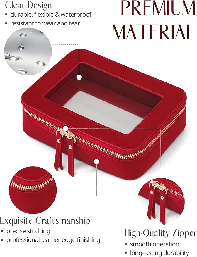 Clear Makeup Bag with Zipper, Women Travel Toilrty Bag Red Medium | Structured Clear Cosmetic Case, Car Essential Organizer Bag, Waterproof PU Leather, Dual Zipper, Wide Opening and Compact - Image 2