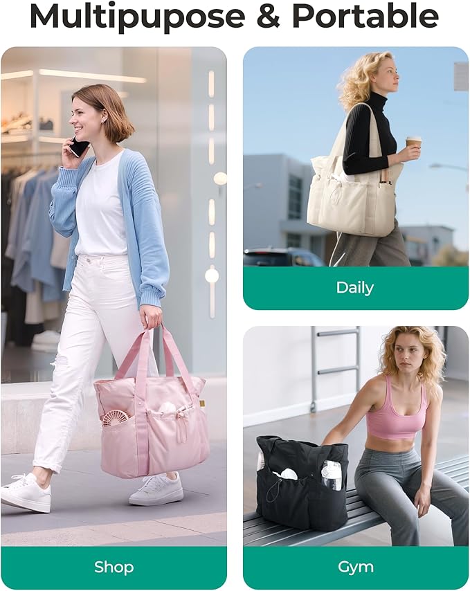 BAGSMART Foldable Tote Bag with Drawstring Bag, Tote Bag Shoulder Bag Top Handle Handbag for Travel, Work, Beach, Gym - Image 5