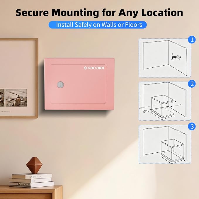 CDC DIGI Steel Security Safe Box with Key Lock,Safe Box for Home, Office, Money, Jewelry, Documents and Valuables, 0.23 Cubic Feet, 9.06" W x 6.69" D x 6.69" H, Pink - Image 4