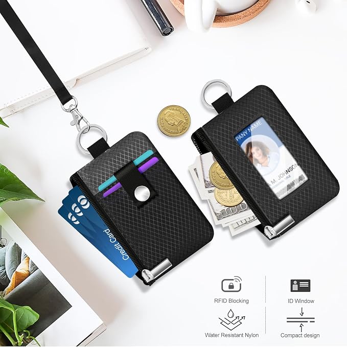 Minimalist RFID Blocking Small Wallet with ID Window,WaterResistant Zip Id Case Wallet with Lanyard Keychain for Cards,Cash,Travel,Women,Men (Black/DarkGrey) - Image 8
