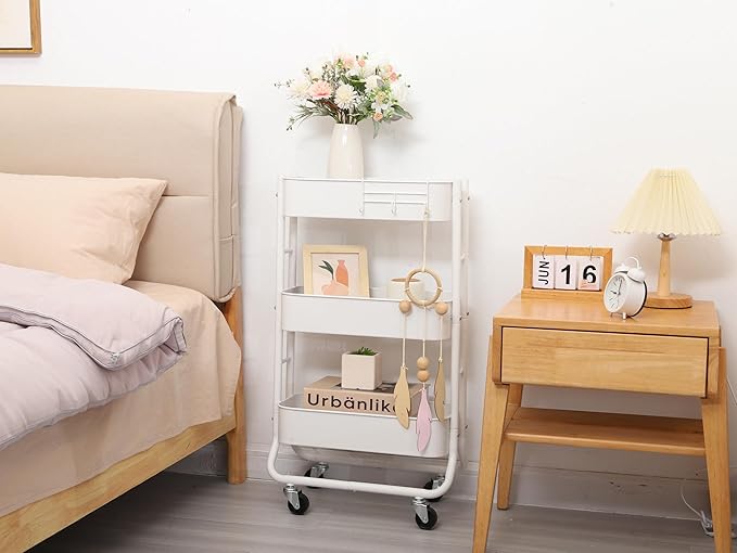 MAX Houser Slim 3-Tier Rolling Utility Cart with Extra Hook, White | Narrow Metal Bathroom Storage Multifunctional Organizer Carts with Wheels with Extra Hook, Laundry Room,Kitchen,Small Space - Image 6