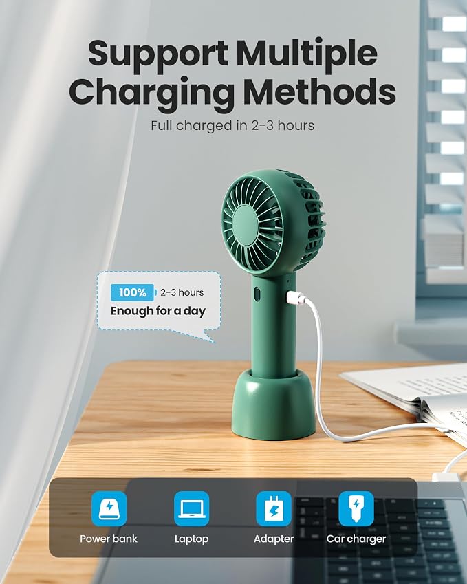 Gaiatop Mini Portable Fan, Navy Green, Cute Design, Rechargeable Battery, Handheld and Desktop, Small and Light | Powerful 3 Speed with Desktop Base, Lightweight, Battery Powered for Travel Lash Makeup Girls Women Gift Navy Green - Image 6