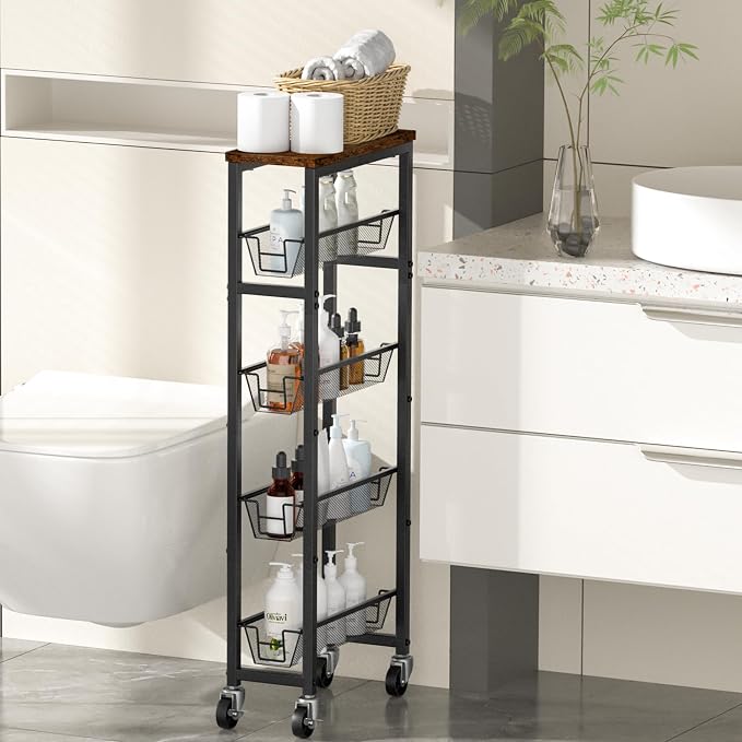 Honest Slim Storage Cart 4-Tier Slim Rolling Cart with Metal Frame and Wooden Top, 6.3 Inches, Storage Cart for Kitchen, Dining Room, Living Room, Bathroom, Home Office, Rustic Brown and Black - Image 6