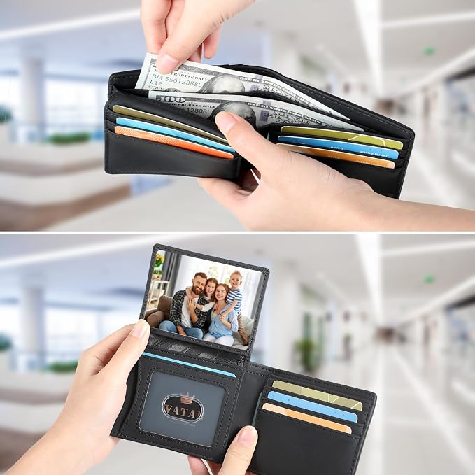 VATAN Wallet for Men Slim RFID Blocking Leather Credit Card Holder Wallet for 15 Cards, Bifold Minimalist Thin Wallet with 2 ID Windows & Cash Slot, With Gift Box (Crazy Horse Black) - Image 3