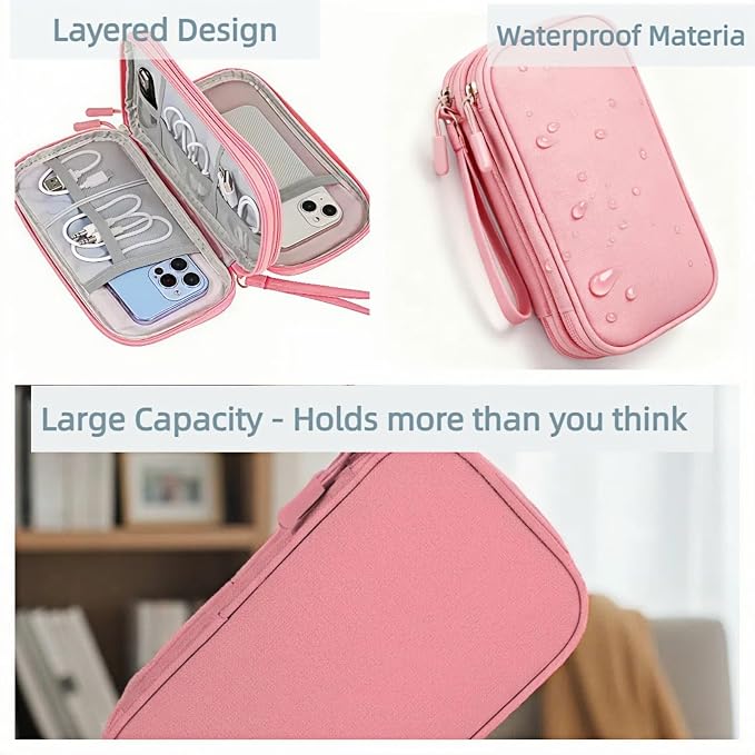 Portable Waterproof Double Layers All-in-One Storage Bag, Travel Cord Organizer，Electronics Accessories Organizer Pouch Bag for Accessories,Charger, USB Cable, Gadget (pink) - Image 3