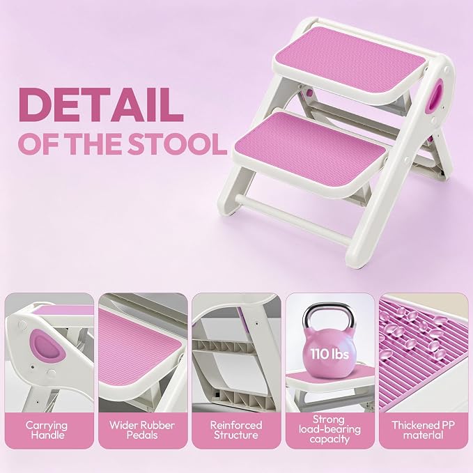 Foldable Toddler Step Stool for Bathroom Sink, Toilet, Bedroom, Kitchen – Non-Slip, Space-Saving, BPA-Free, Supports 110 lbs, Kids Step Stool (Pink) - Image 8