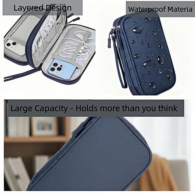 Portable Waterproof Double Layers All-in-One Storage Bag, Travel Cord Organizer，Electronics Accessories Organizer Pouch Bag for Accessories,Charger, USB Cable, Gadget (navy blue) - Image 3
