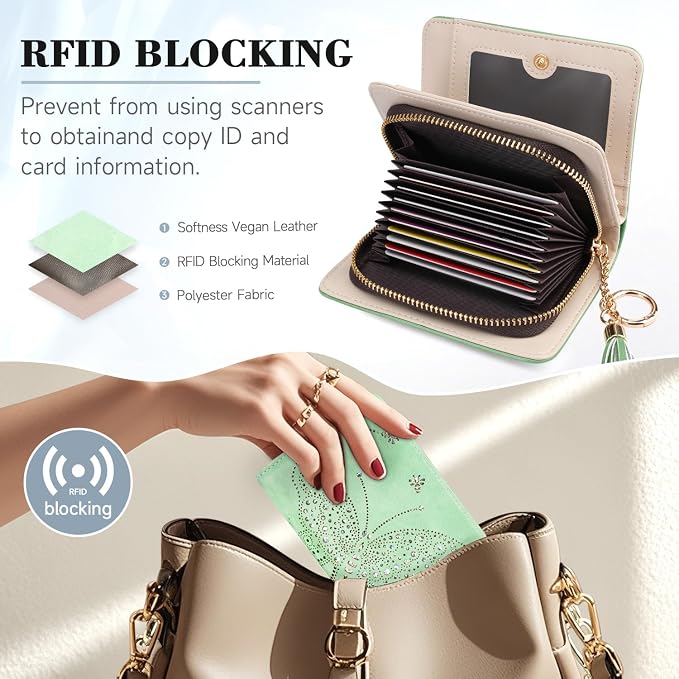 KITEVIUN Women RFID Blocking Small Bifold Wallet, Compact Cash Clutch with Zipper Coin Pocket, Glittery Butterfly Design, Credit Card Holder, Travel Purse with Tassel PEPPERMINT-GREEN - Image 6
