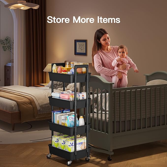 Pipishell 4-Tier Rolling Cart, Plastic Cart with Lockable Wheels & Reinforced Handle, Lightweight Utility Storage for Nursery, Bathroom, Craft Room, Black - Image 3