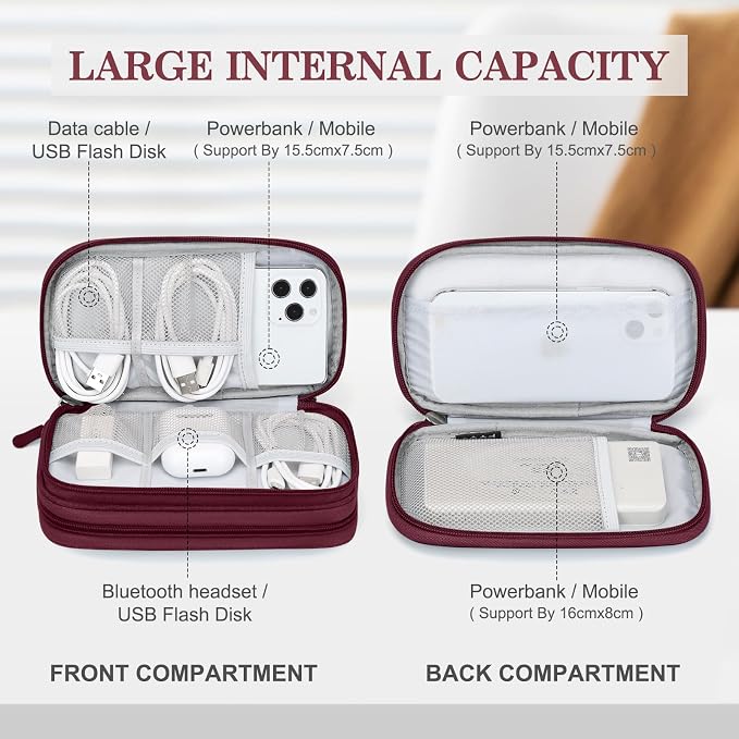 FYY Electronic Organizer, Travel Tech Pouch Bag, Cable Organizer Wine Red | Wrist Strap, Waterproof, Double Layers Portable Electronics Travel Carrying Case for Cord, Charger, Daily Business Trips Use - Image 3