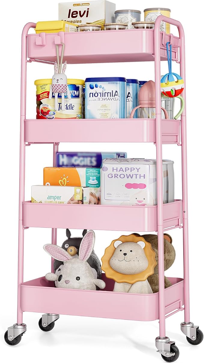 TOOLF 4 Tier Metal Rolling Cart, Utility Storage Cart with Wheels, Pink | Screwless Assembly, Lockable Metal Wheels, Trolley Organizer for Bathroom, Kitchen, Office, Dorm, Laundry, Craft Room by TOOLF