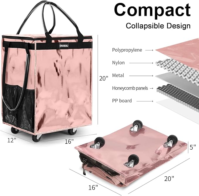 (Medium,Rose Gold) Reusable Grocery Bag on Wheels, Foldable Rolling Tote | 70L Shopping Trolley, Wide Zipper Shopping Carts for Trips, Laundry, Groceries, Camping, Storage,4 Heavy Duty Wheels - Image 5