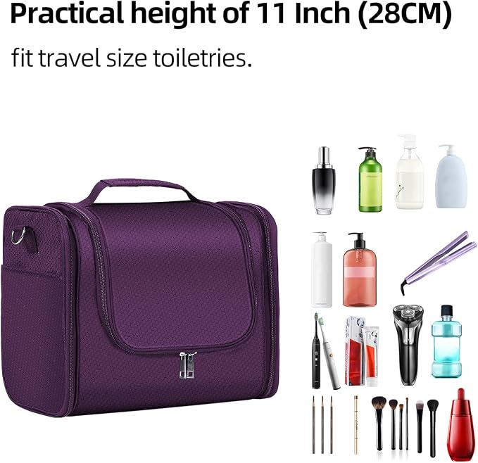 Buruis Extra Large Hanging Toiletry Bag for Women and Men, Purple | Honeycomb Nylon, Detachable Shoulder Strap, Dual Zippers, Metal Hanging Hook, Full-Size Toiletry Storage, Travel Essentials - Image 7