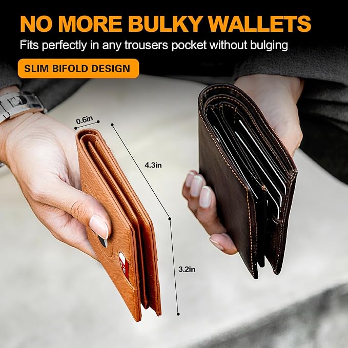 Wallet for Men Slim RFID Blocking Bifold Carbon Fiber,Minimalist Small Compact Front Pocket Credit Card Holder,Thin Mens Leather Wallets Smart Security With 2 ID windows 1 Cash (Cross Brown) - Image 5