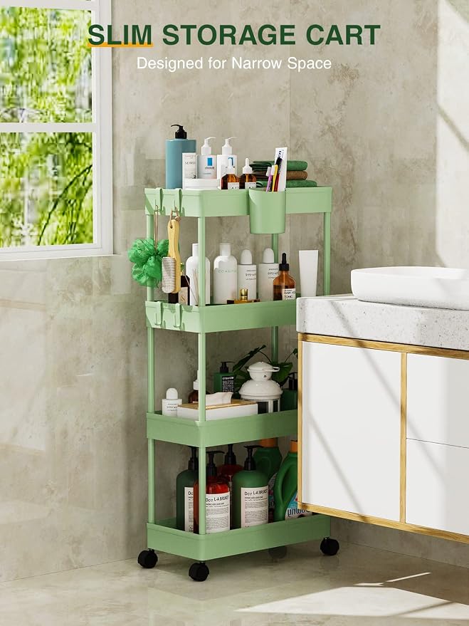 LEHOM Slim Rolling Storage Cart - 4 Tiers Bathroom Organizer Utility Cart | Slide Out Storage Shelves Mobile Shelving Unit for Kitchen, Bedroom, Office, Laundry Room, Small Narrow Spaces (7.1" W+Green) - Image 2