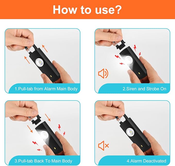 4Pcs Personal Safety Alarm,Rechargeable with Keychain and LED Strobe Light | USB C/Micro USB/L Easy Use and Portable, Compatible with iPhone 17/16/15/14/13/12/11/X/XR/XS/8/Android/Tablet (3.28FT) - Image 6