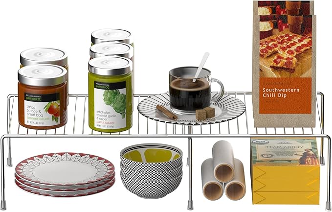 Kitchen Cabinet Expandable Shelf Organizers, Adjustable Metal Wire Pantry Storage Shelves, Plate Dish Organizer Rack for Cabinets, Cupboard, Counter, Freezer, Countertop, Chrome - Image 4