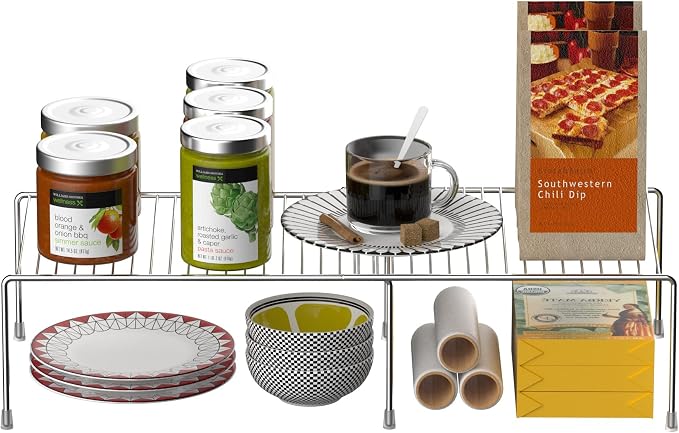 Kitchen Cabinet Expandable Shelf Organizers Set of 2, Adjustable Metal Wire Pantry Storage Shelves, Plate Dish Organizer Rack for Cabinets, Cupboard, Counter, Freezer, Countertop, Chrome - Image 4