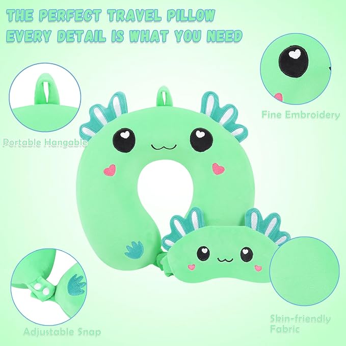 Travel Pillow, Kids Travel Pillow with Sleep Eye Mask Soft Memory Foam Kids Neck Pillow for Boys & Girls, Travel Accessories for Car Airplane Traveling - Green Axolotl - Image 5