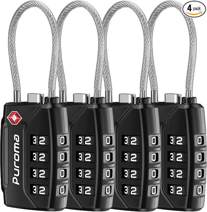 Puroma 4 Pack TSA Approved Luggage Locks 4 Digit Code Cable Lock Black | Resettable, Flexible Cable, Zipper holes, Zinc Alloy, Bright Color, Large White Numbers, Suitcase Train Travel, laptop bag by Puroma