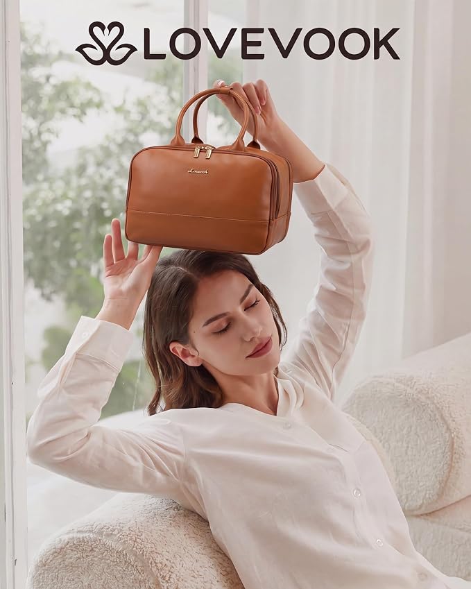 LOVEVOOK Large Makeup Bag for women, Leather Travel Toiletry Bag | Wide-Open Access, Waterproof Cosmetic Bag Organizer for Shower, Traveling, Toiletries, Bathroom, Dry/Wet Separation - Image 2