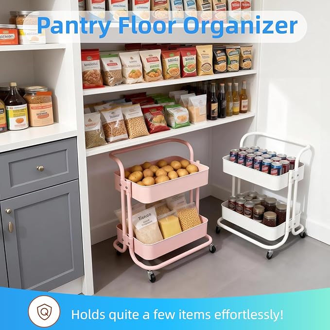 2 Tier Cart with Wheels Under Desk Storage with Handle, Metal Rolling Pantry Cart for Kitchen White Small Rolling Basket for Laundry Room Bathroom, Utility Shelf Organizer for Small Space - Image 2