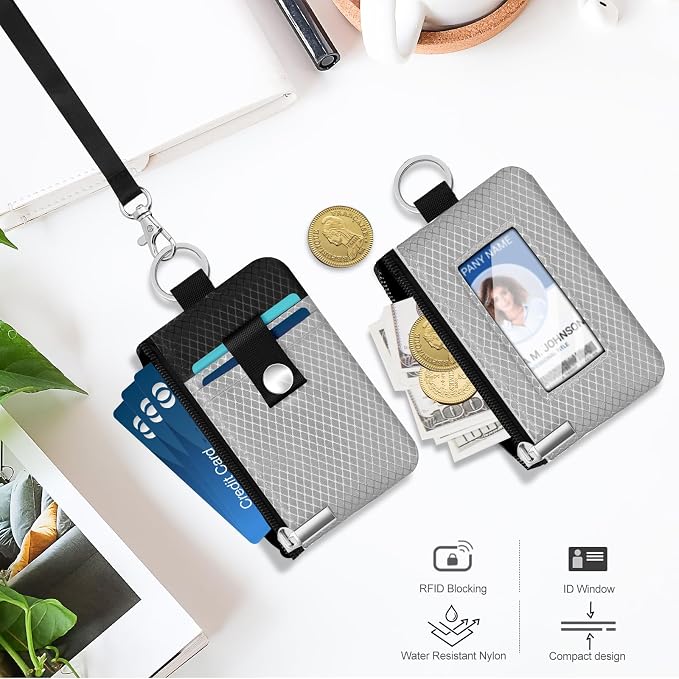 Minimalist RFID Blocking Small Wallet with ID Window,WaterResistant Zip Id Case Wallet with Lanyard Keychain for Cards,Cash,Travel,Women,Men (Light gray/Black) - Image 8