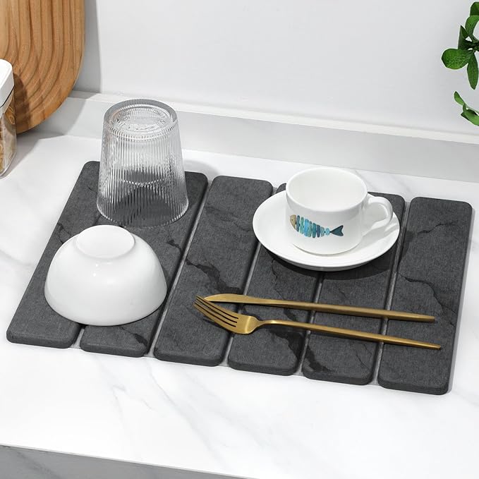 Small Stone Dish Drying Mat for Kitchen Counter, 2 PCS 16"×12" & 8"x4" Quick Dry Stone Mats, Foldable Water Absorbing Diatomaceous Earth Drying Dish Pad for Countertop Bottles Utensils Cups(Dark Gray) - Image 8