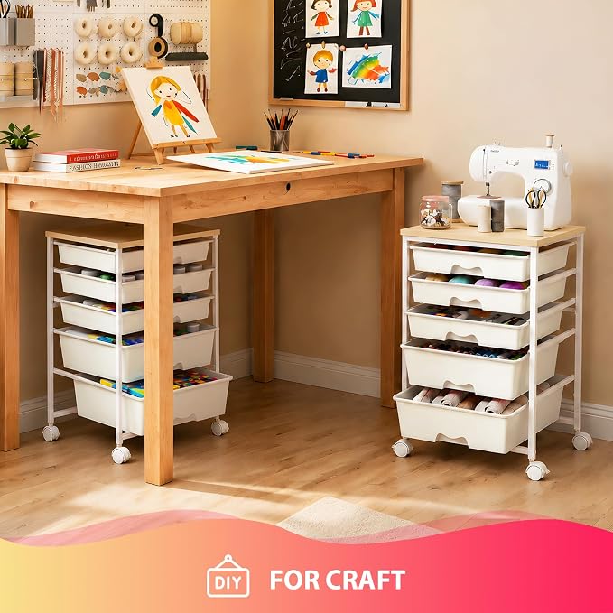 Goovilla Rolling Cart with 5 Drawers for Craft, Art, Dorm, Office, White | Utility Cart Organizer With 5 Removable Drawers and Wooden Tabletop, Lockable Rolling Storage Organizer for Classroom, Home - Image 7