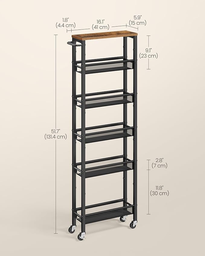 VASAGLE Slim Storage Cart, 6-Tier Rolling Utility Cart, Skinny Shelf for Kitchen Pantry, Narrow Bathroom Organizer, 17.9 x 5.9 x 51.7 inch, Rustic Brown and Matte Black, Dacey Collection ULRC038K101 - Image 6