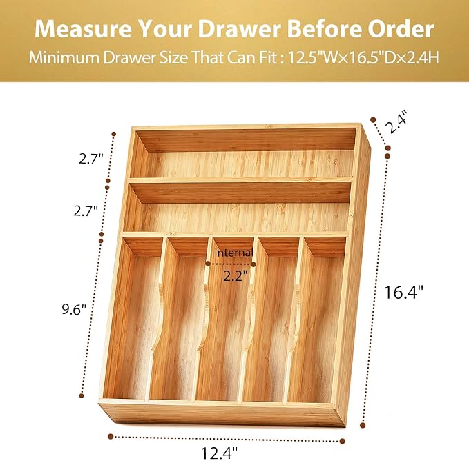Kitchen Drawer Organizer, 12.5 Inch Silverware Utensil Tray Holder, Extra Deep, with Non-Slip Feet & Grooved Drawer Divider, 7 Slots Total Bamboo Wood Caddy for Flatware Cutlery Knives - Image 5