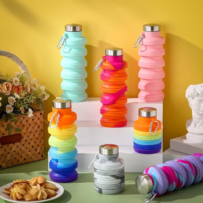 Sunnyray 20 Pack Collapsible Water Bottles Bulk Foldable Water Bottles 17oz Silicone Portable Leak Proof Reusable Sports with Clip for Travel Hiking Camping Outdoor (Tie-dye) - Image 2