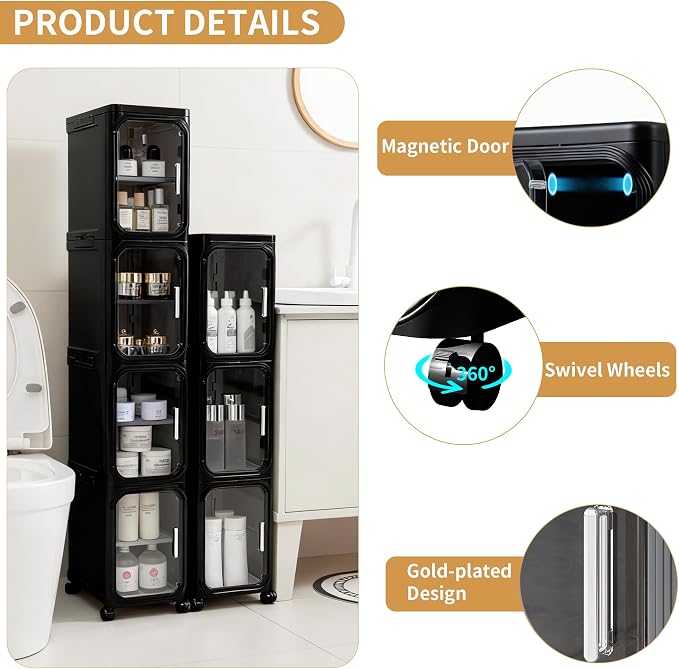 3-Tier Narrow Slim Bathroom Storage Cabinet with Wheels, Black | Tool Free Assembly, Adjustable Shelves, Fits for Narrow Spaces, Reinforced Stability, Magnetic Clear Door - Image 4