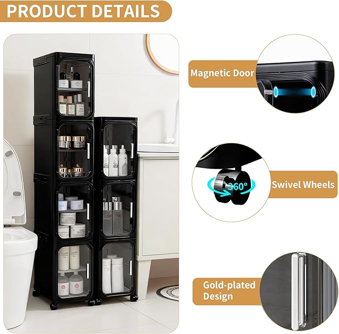 5-Tier Tall Narrow Slim Bathroom Storage Cabinet, Black | Tool Free Assembly, Adjustable Shelves, Fits for Narrow Spaces, Reinforced Stability, Magnetic Clear Door - Image 4